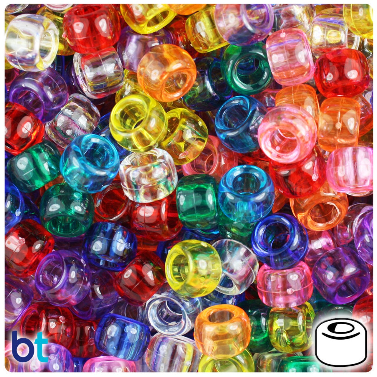 BeadTin Transparent Mix 9mm Barrel Plastic Pony Beads (500pcs)